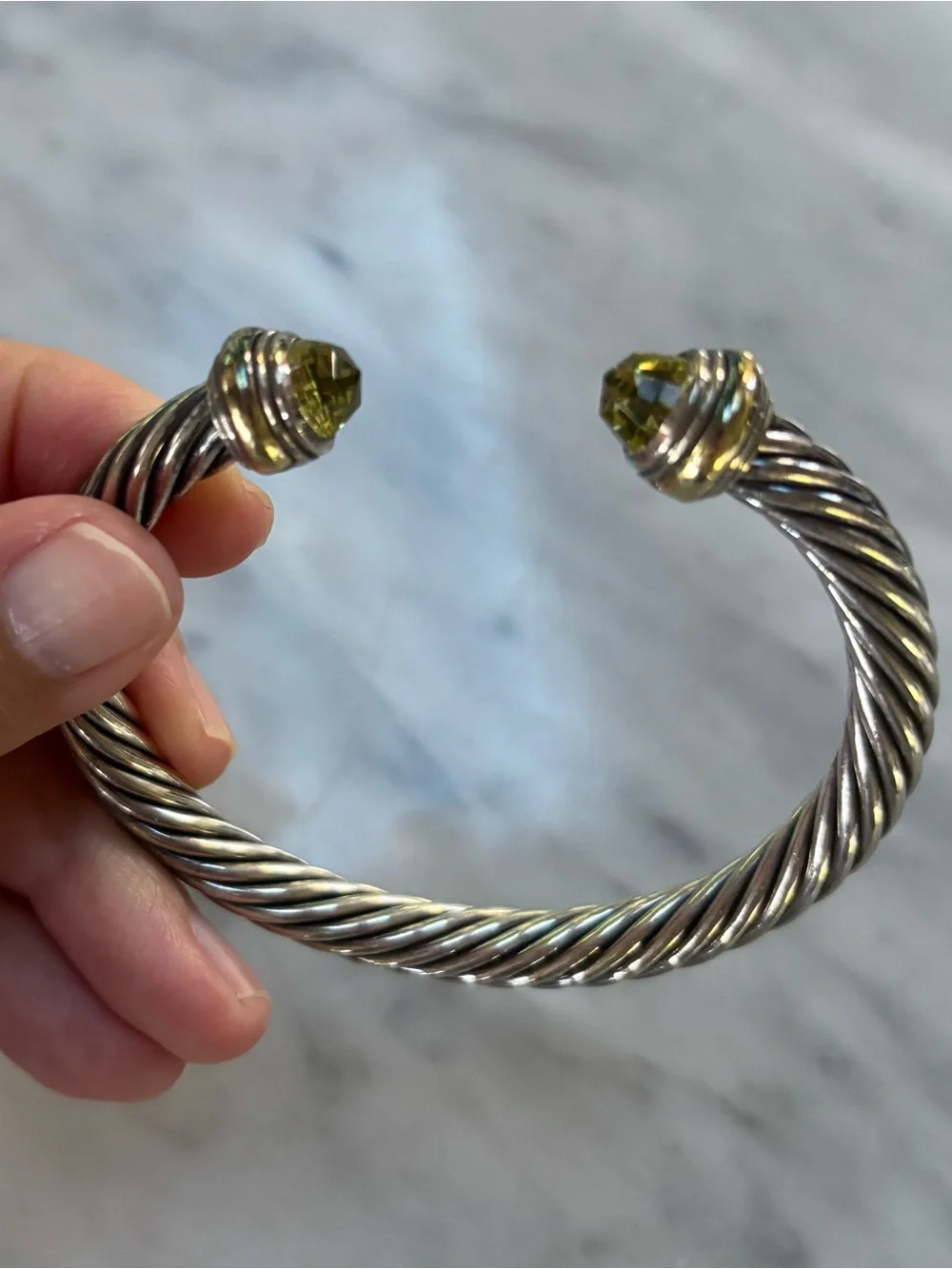 David Yurman Silver Twisted Cable Classics Open Cuff with Green Gemstone Ends